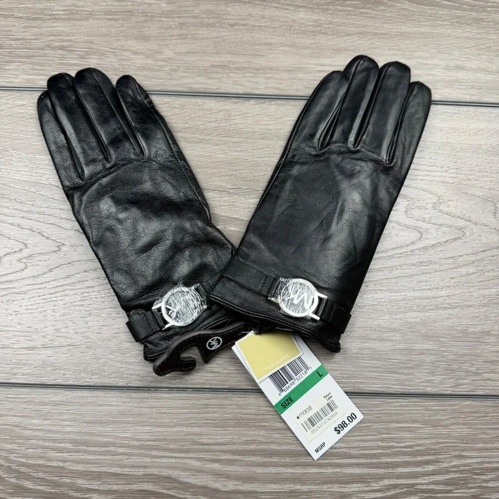 Michael Kors Womens Tech Gloves Leather MK Logo Black Large